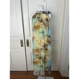 Scandal Silk Artsy Shift Midi Dress Womens Size Medium Blue Yellow Flowy Vibrant